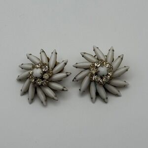 Vintage Judy Lee White Milk Glass Rhinestone Sunburst Clip On Earrings Gold Tone